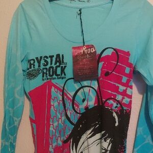 Christian Audigier Women's Long Sleeve Graphic Tee in Turquoise and Pink